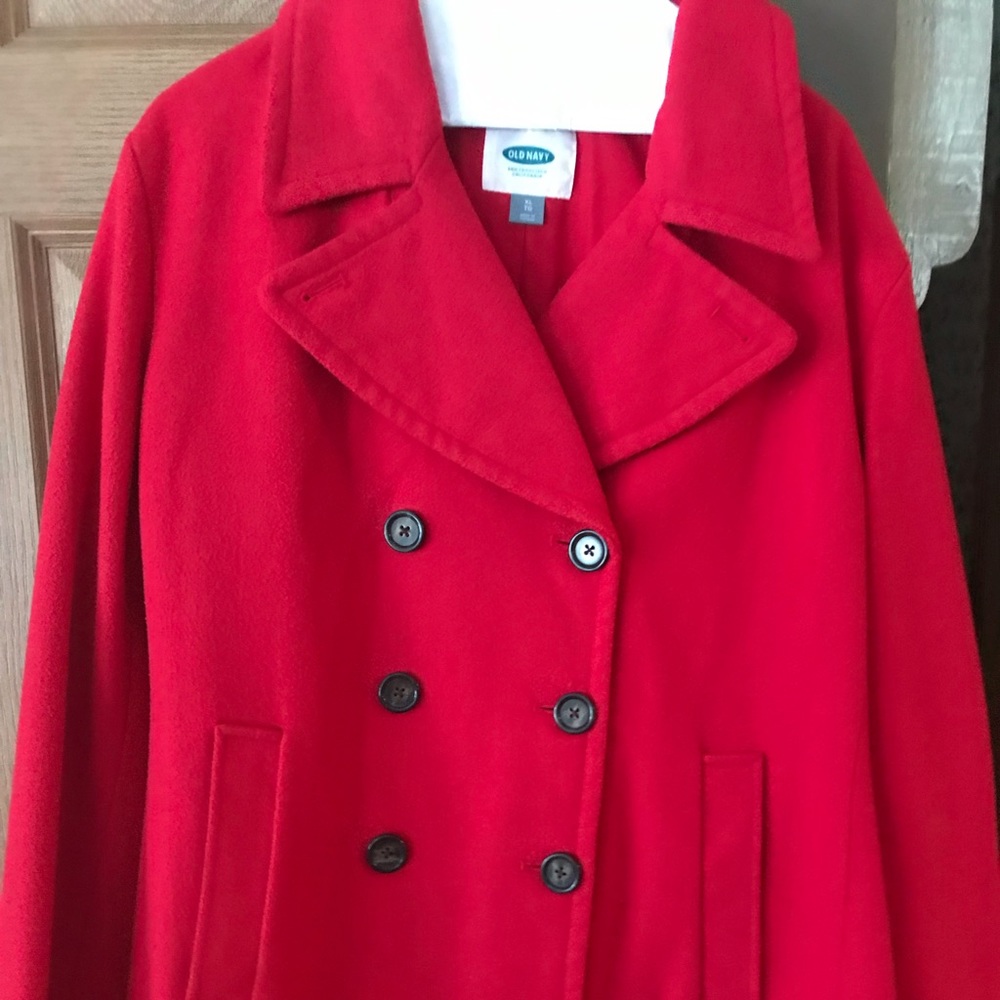 Woman’s red pea coat from Old Navy.